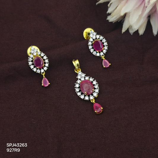 43263 GJ Diamond look Ruby pendent set with cz drop and push back earrings