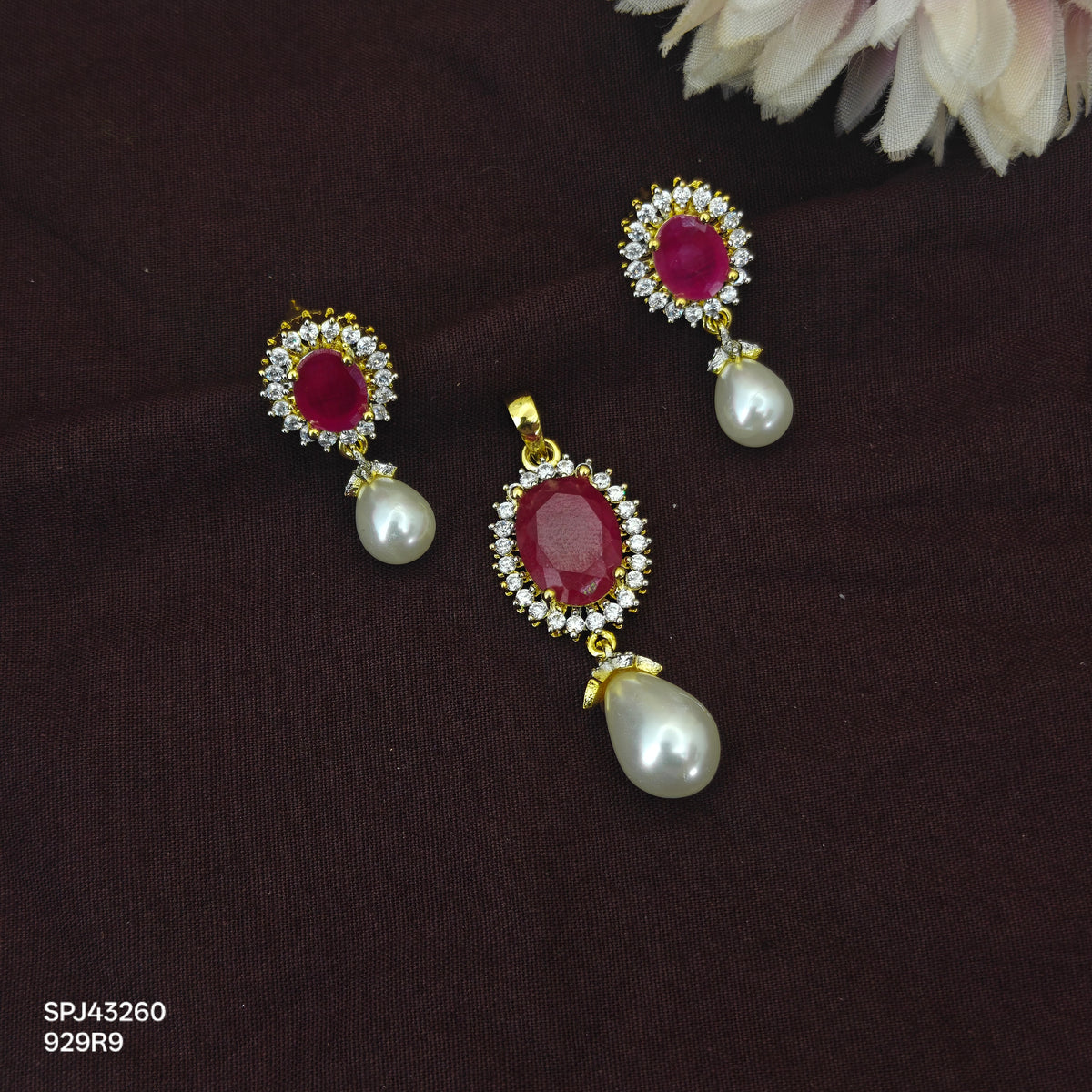 43260 GJ Diamond look like oval pattern Ruby stone pendant set with push back earrings and with  pearl drop
