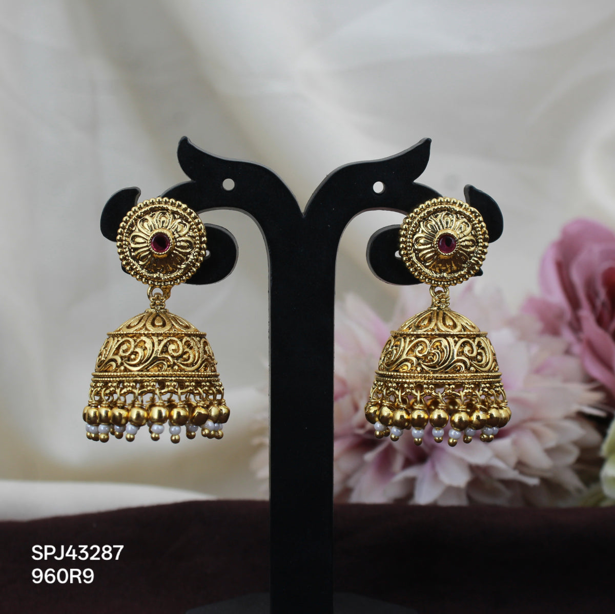 43287 Nakshi jadau kundan red stone jhumki with gold balls and push back