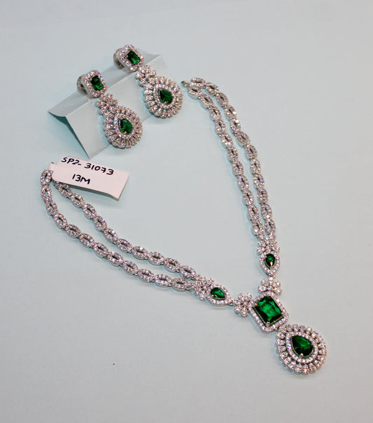 31073 Platinum 2 layers green stone necklace