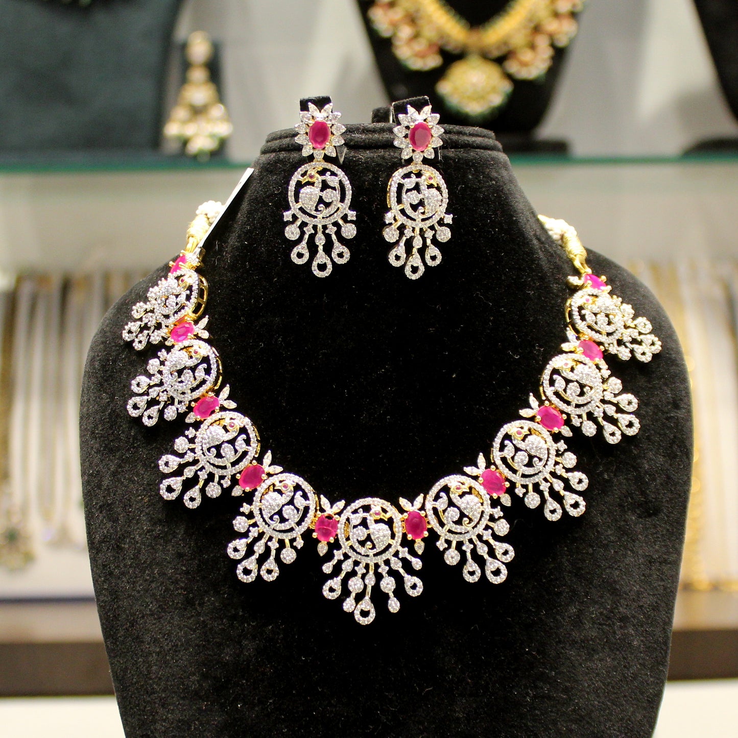 Diamond look peacock ruby necklace 31539