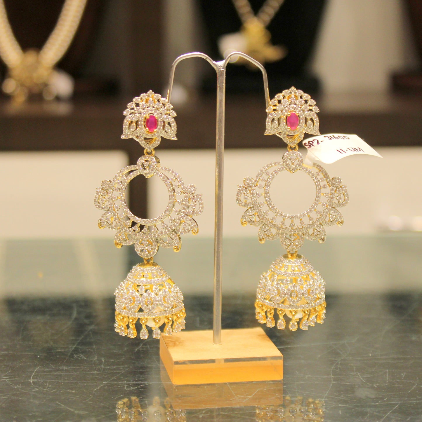 31600 Diamond look ruby jhumki 3 in 1