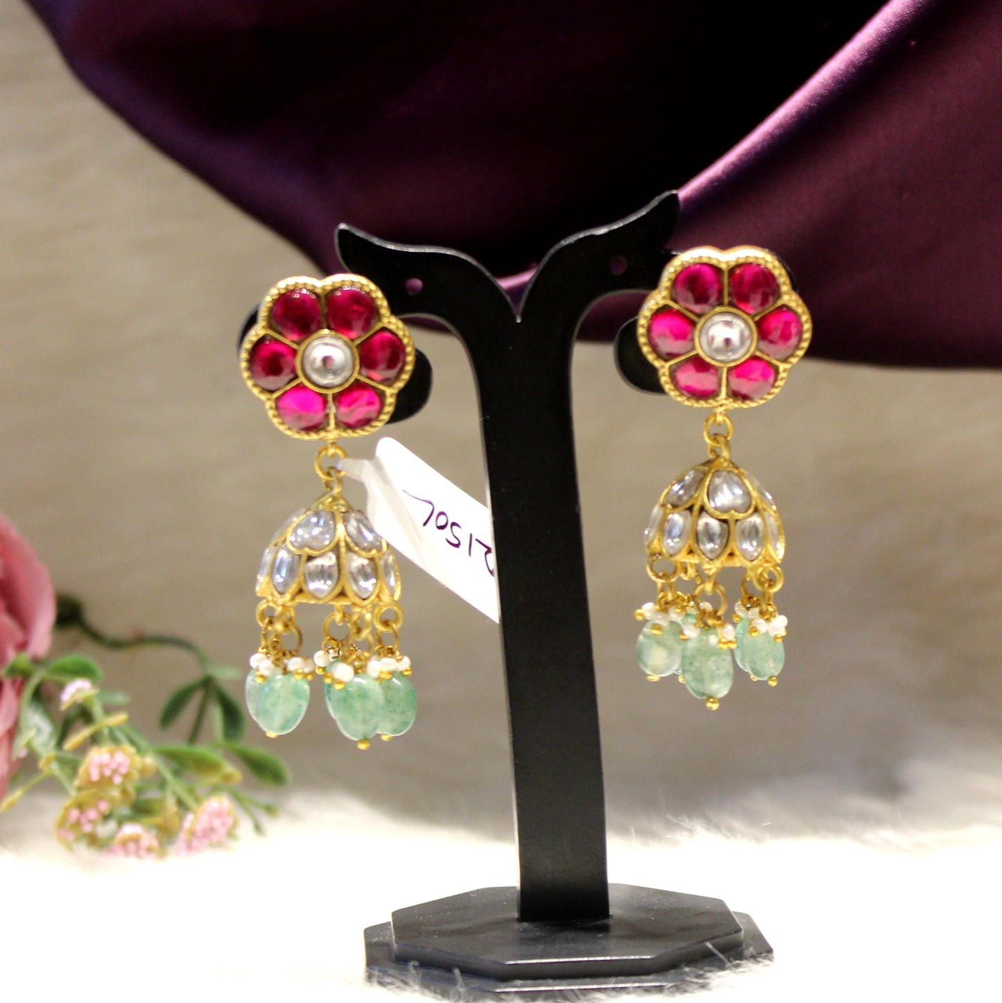 Jadau flower pink and whie jhumki 31712