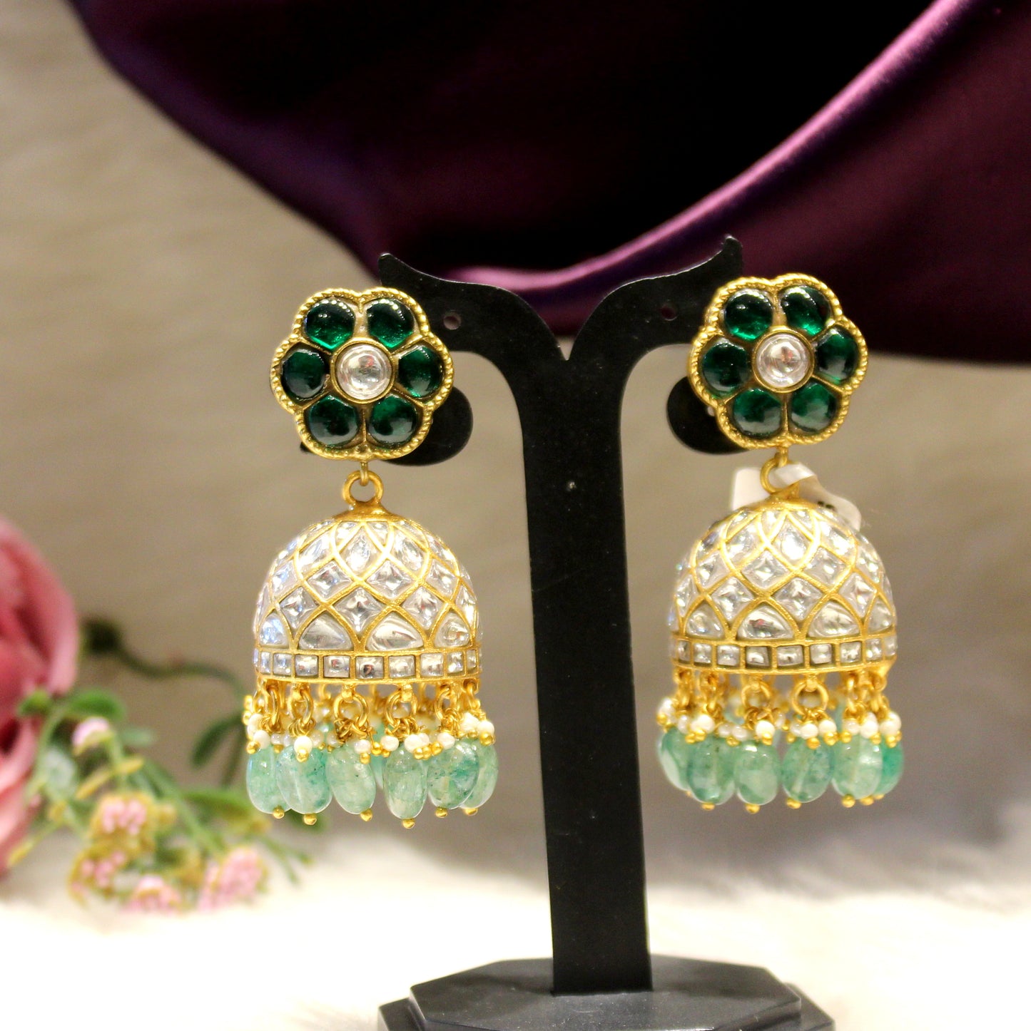 Jadau big size green and white jhumki 32535