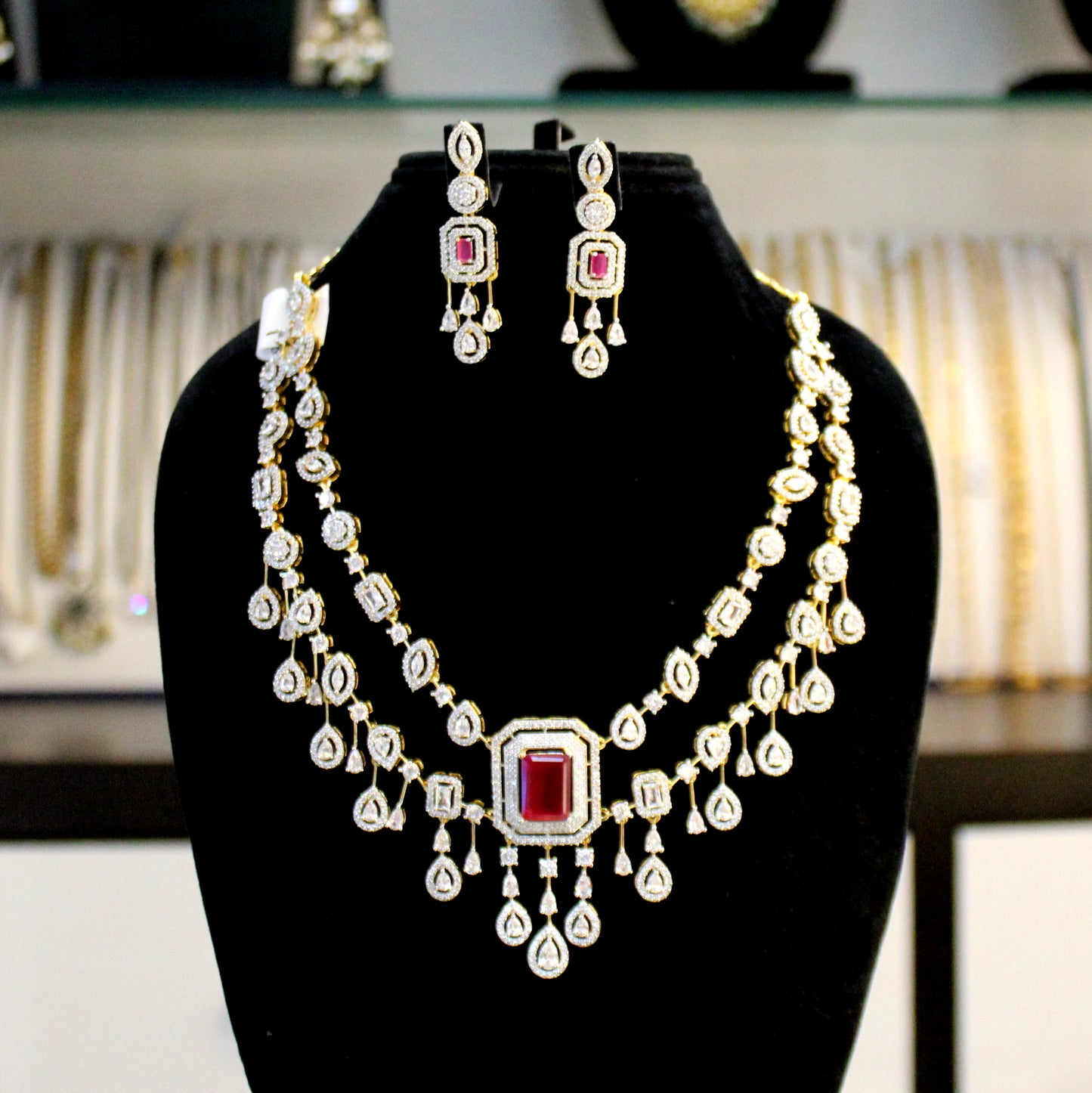 Diamond look ruby necklace with drops 32598