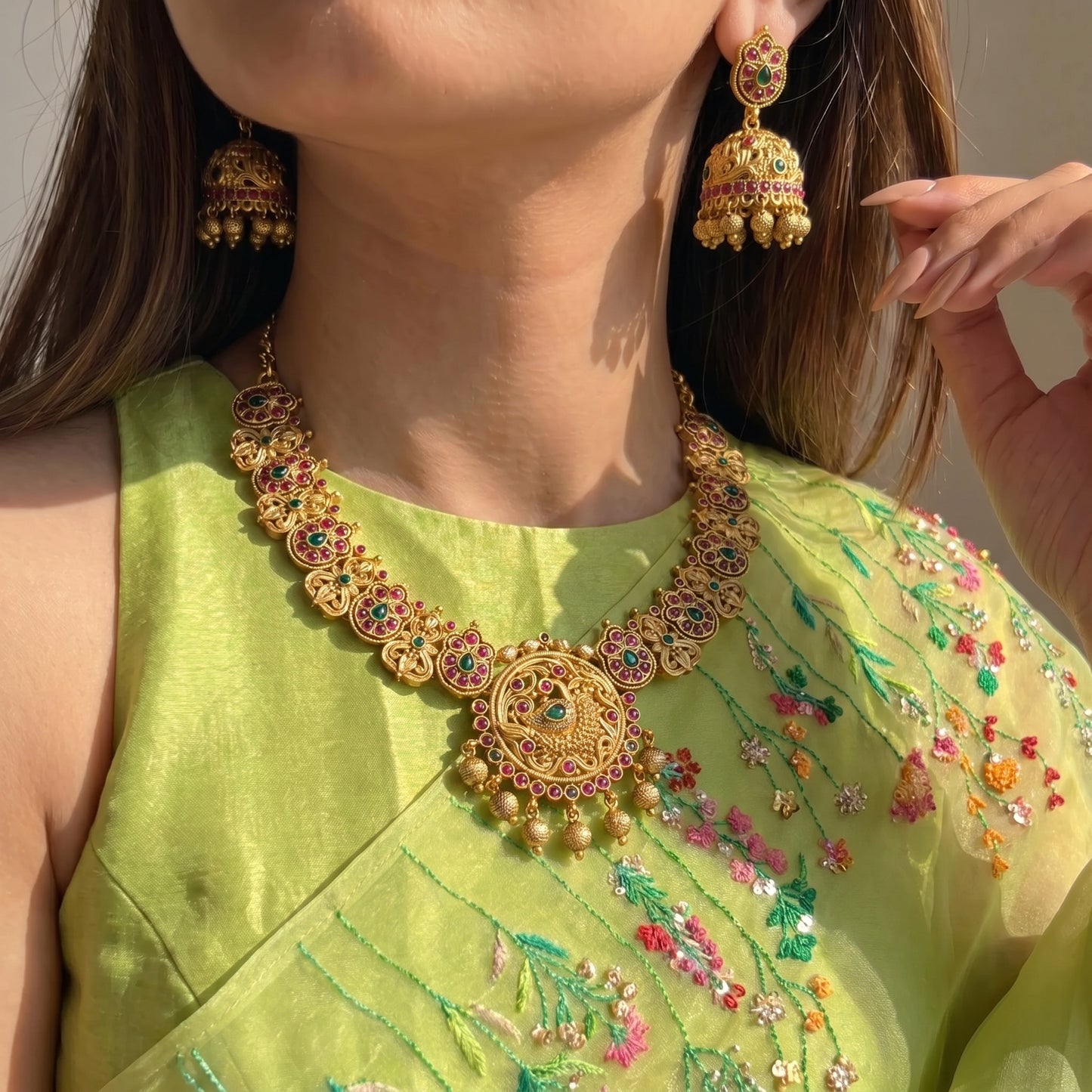 3281 Pota stone peacock necklace with Jhumkas