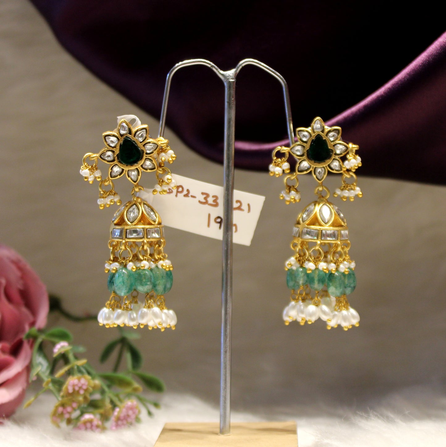 Jadau full white and green stone Jhumki 33121