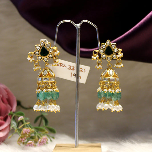 Jadau full white and green stone Jhumki 33121