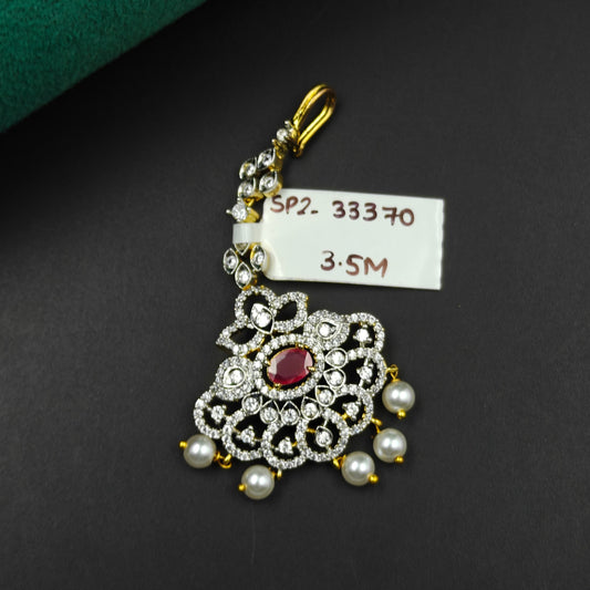 33370 Floral design maangtikka with red stone, white CZ crystals, and pearl drops