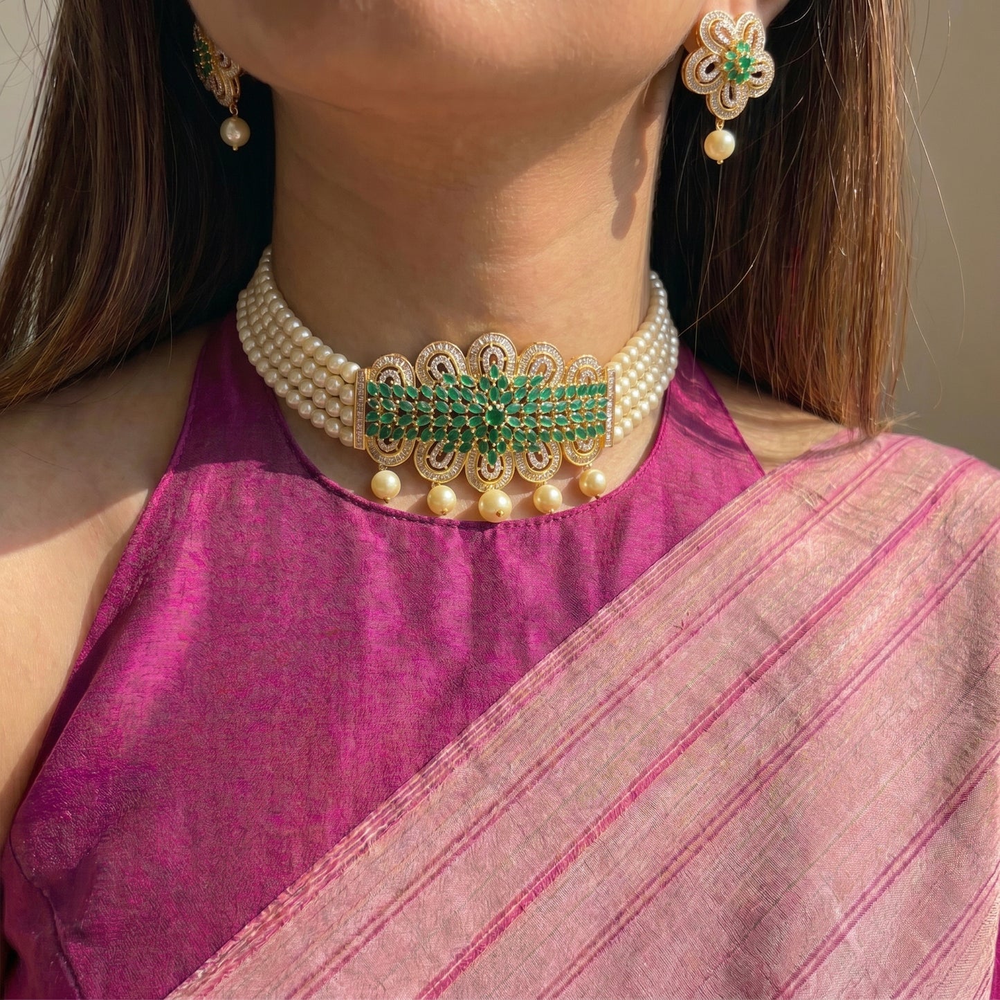 4 lines pearl choker with earrings