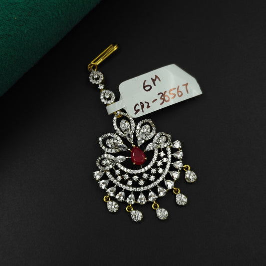36567 Peacock design maangtikka with red stone and white CZ crystals