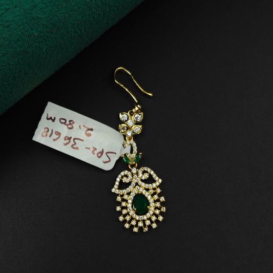 36618 Teardrop design maangtikka with green stone and white CZ crystals