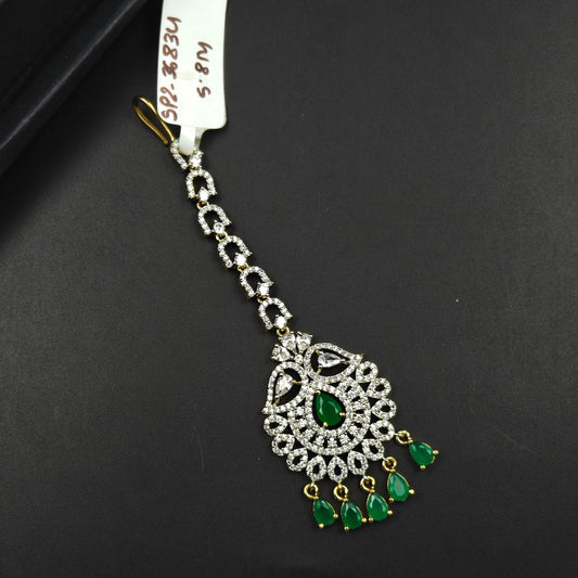 36834 Floral Maang Tikka With Emerald Stone & Drops