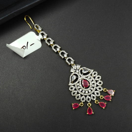36840 Teardrop design maangtikka with red stones and CZ crystals