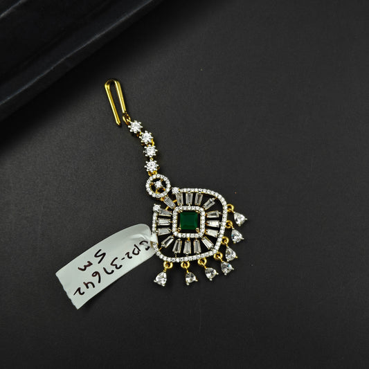 37642 Emerald Stone Maangtikka with CZ Diamond Detailing