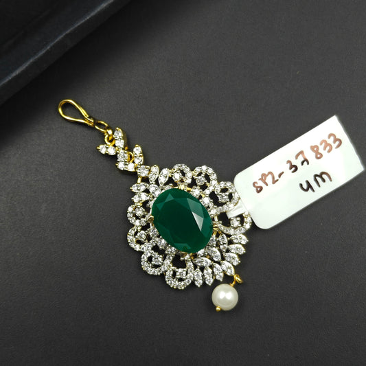 37833 Gold Finish Green Stone and Pearl Maang Tikka