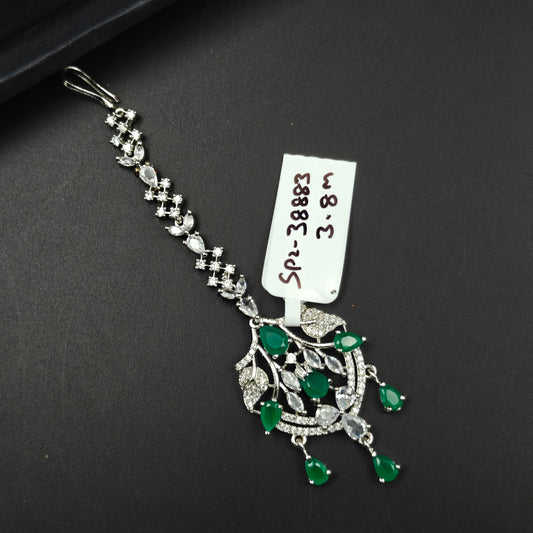 38883 Silver Plated Green Stone and White Crystal Maangtikka
