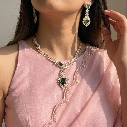 39381 Real diamond look fancy emerald necklace with heavy hangings