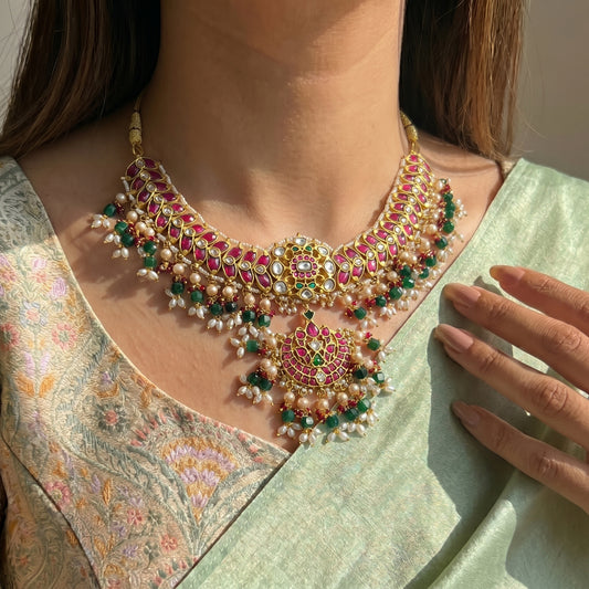 39543 Jadau multi colour short necklace
