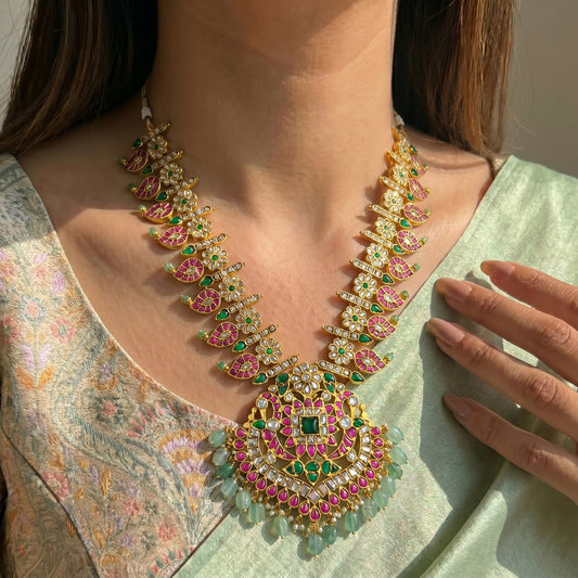 39693 Jadau mango multi colour necklace