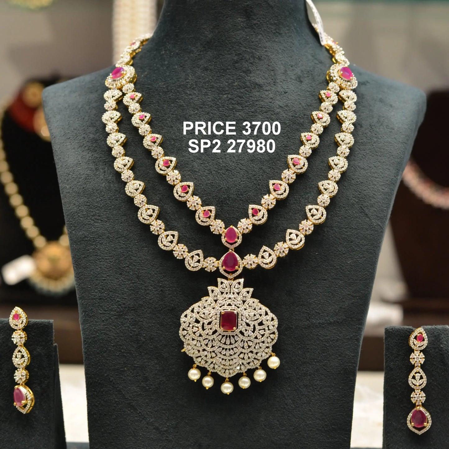 Diamond look 2 layers ruby necklace with pendant 27980