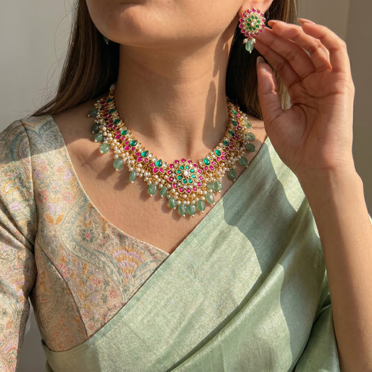 41128 Kundan Lotus Pattern Necklace Set
