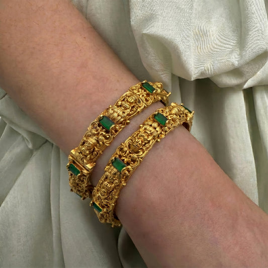41370 Nakshi laxmi Openable Emerald Stone Bangles With 24 Carat Gold Look a Like Finishing