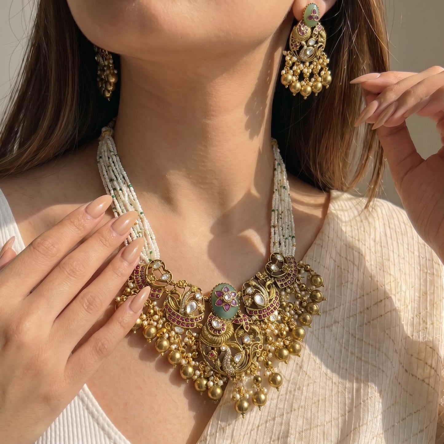 Poth Mala With Peacock Pendent Set Light Green