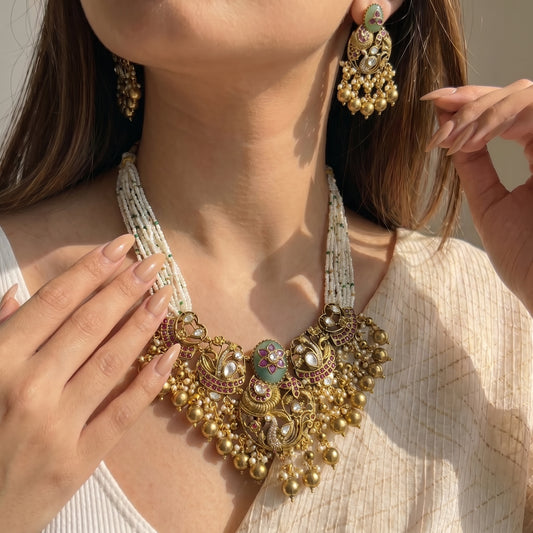 Poth Mala With Peacock Pendent Set Light Green