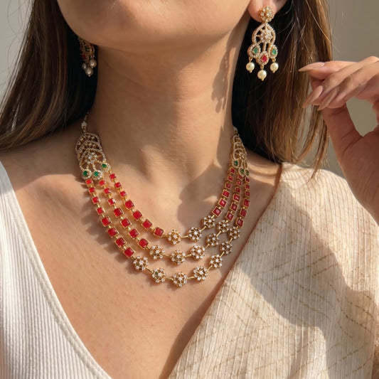 Victorian Moissanite Coral 4 Layers Necklace Set