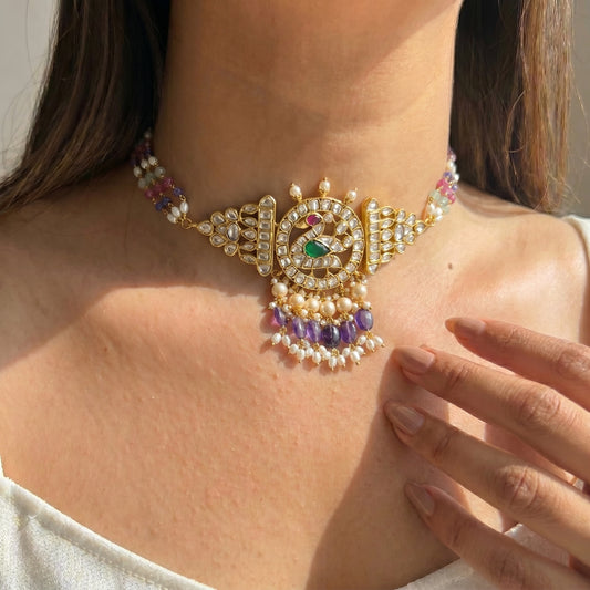 41673 Jadau white stone with peacock pattern choker