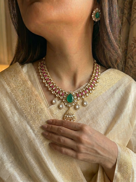 41737 Moissanite Ruby Emerald Short Necklace Set