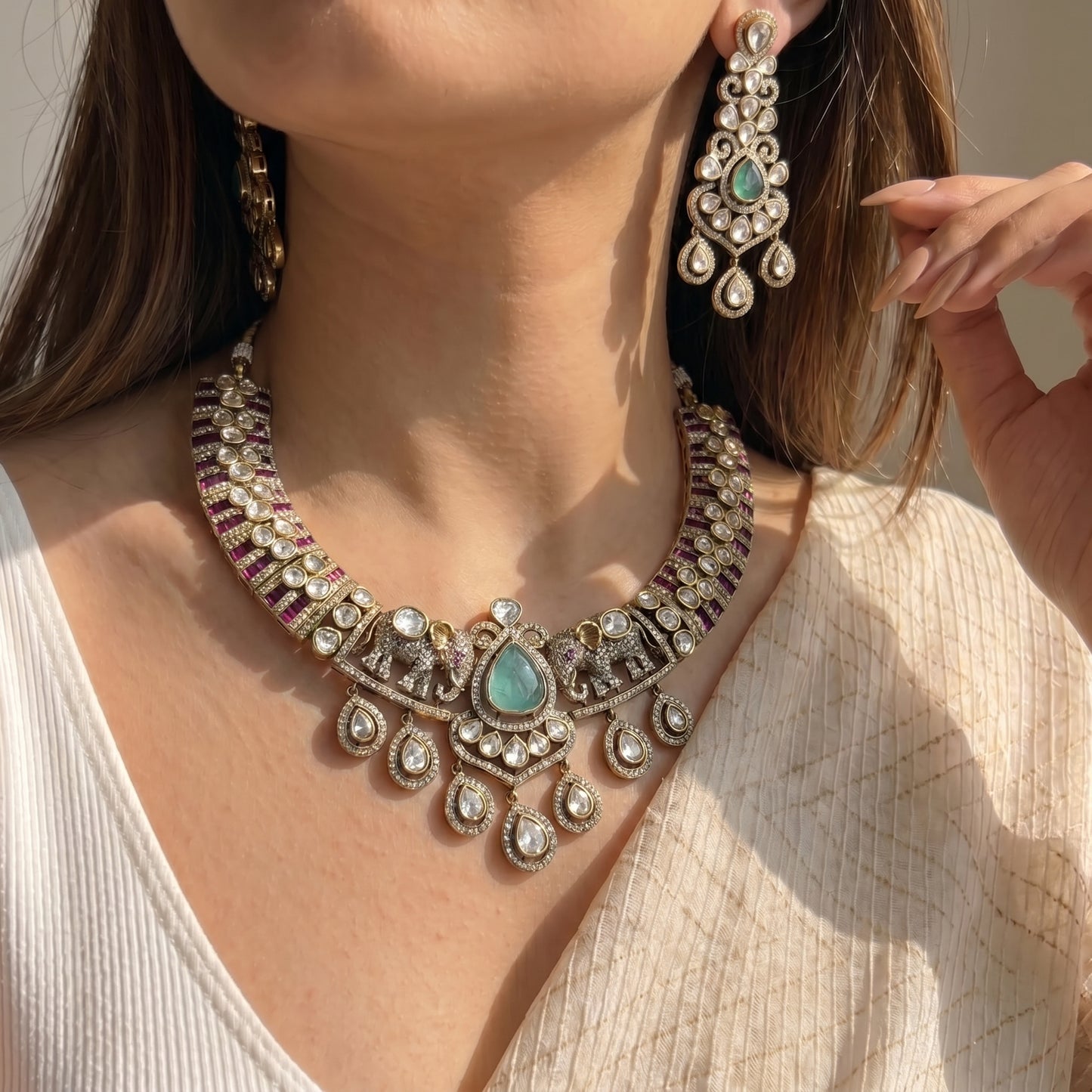 Victorian mint green mozonite necklace with heavy earrings