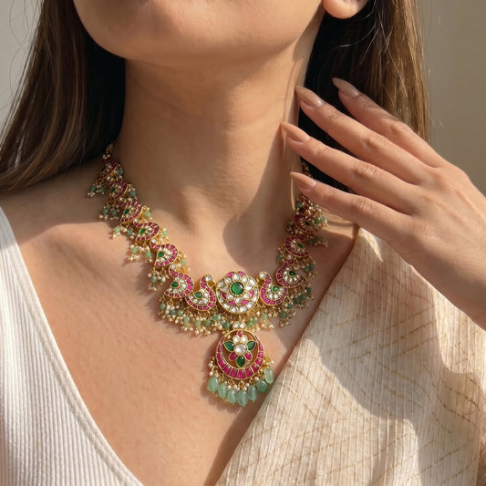 41744 Jadau Peacock Short Necklace