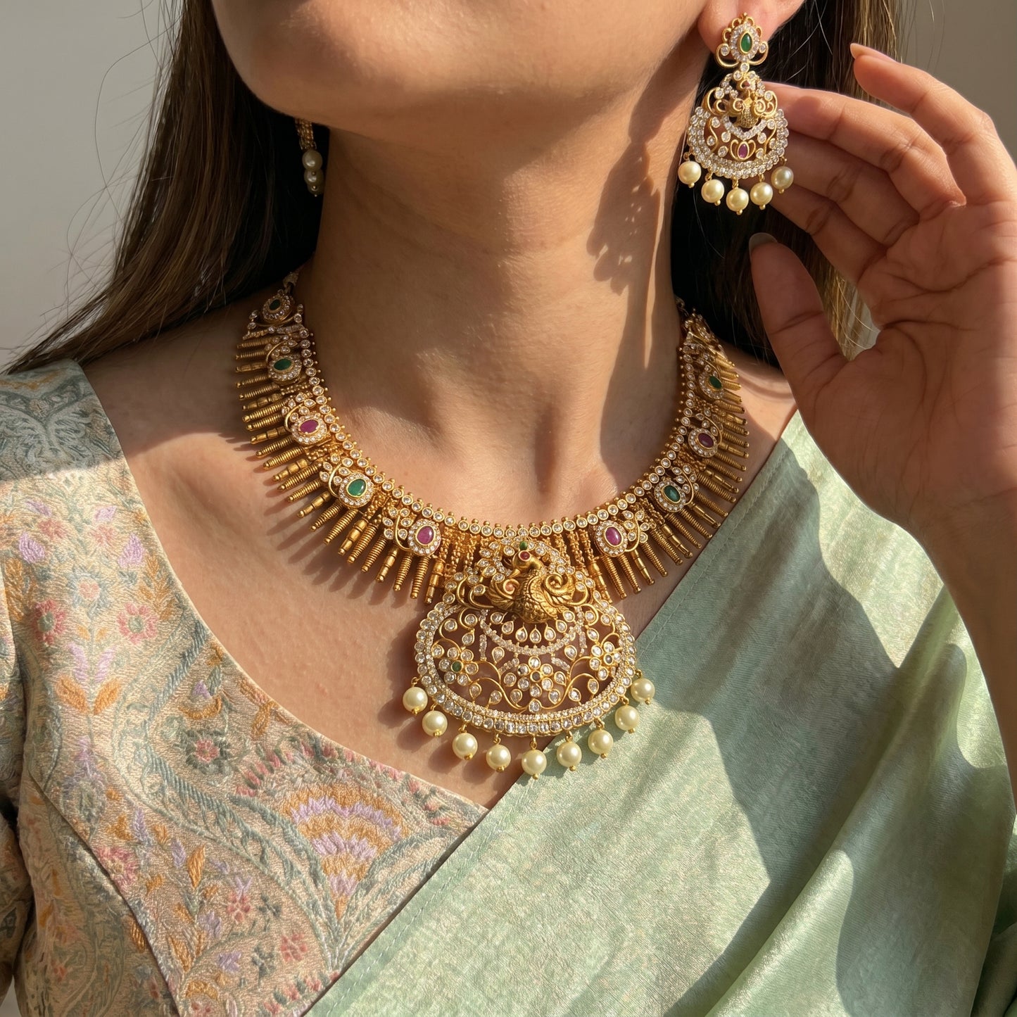 41816 Nakshi Gold Replica Peacock Multi Stone Kante With Screw Back Earrings