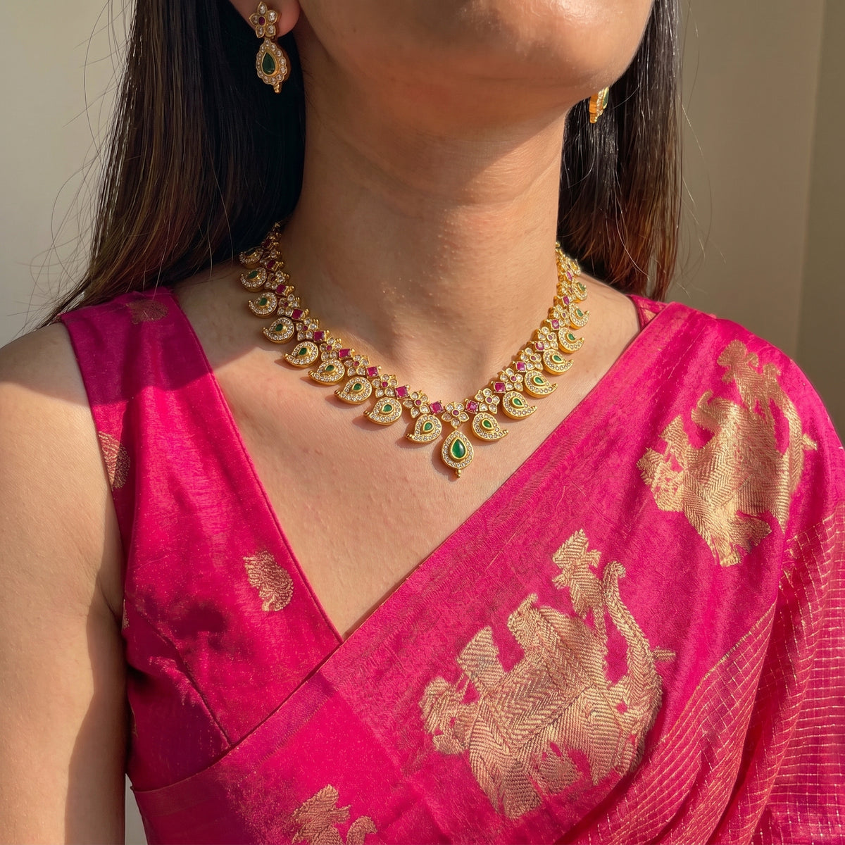 41818 short Cz stone mango necklace with screwback earrings