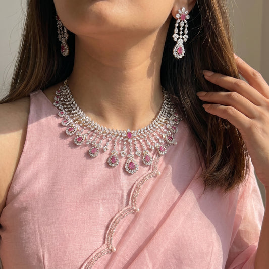 41841 Diamond replica bridal necklace with Ruby stones and screwback earrings