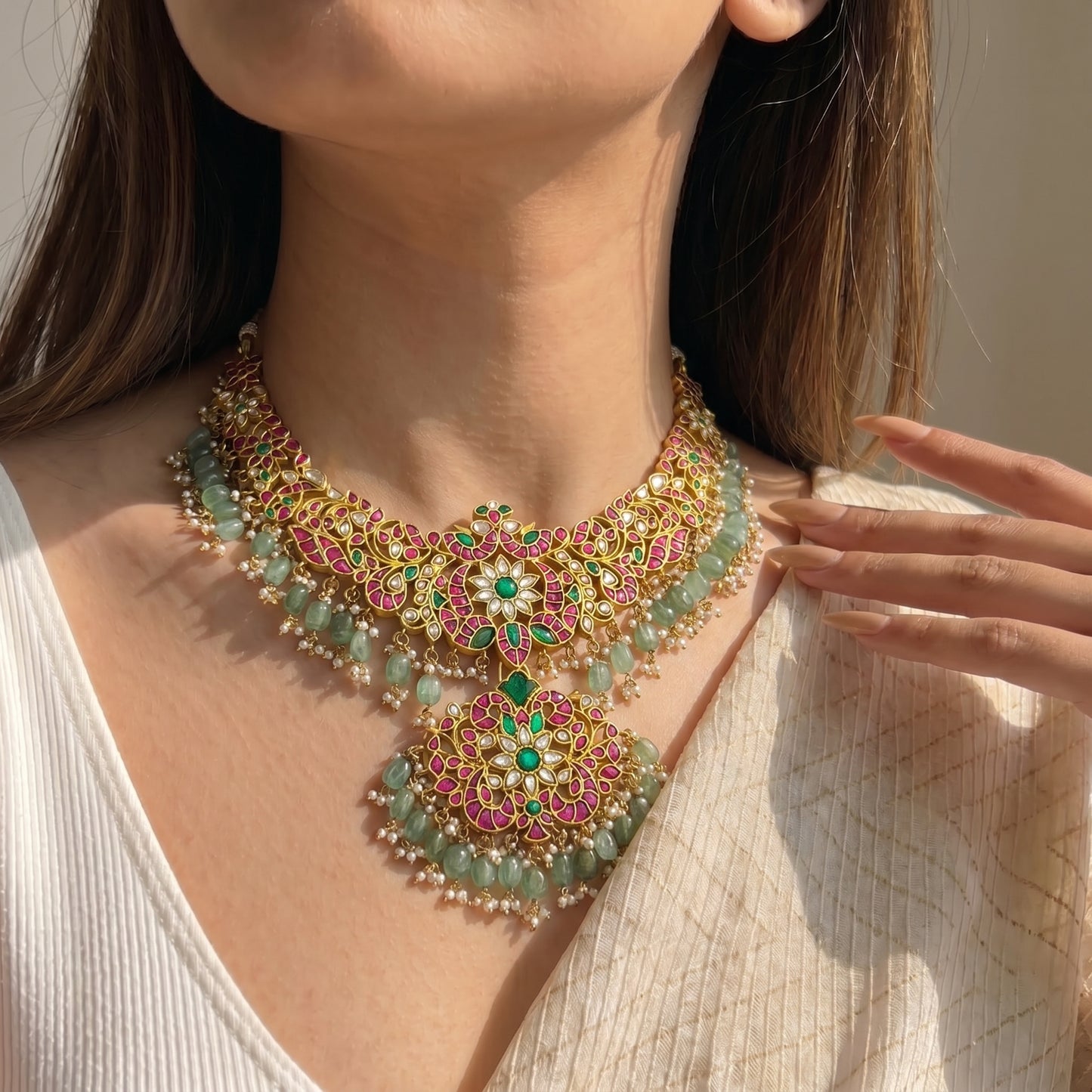 41887  Jadau double peacock flower pattern short necklace