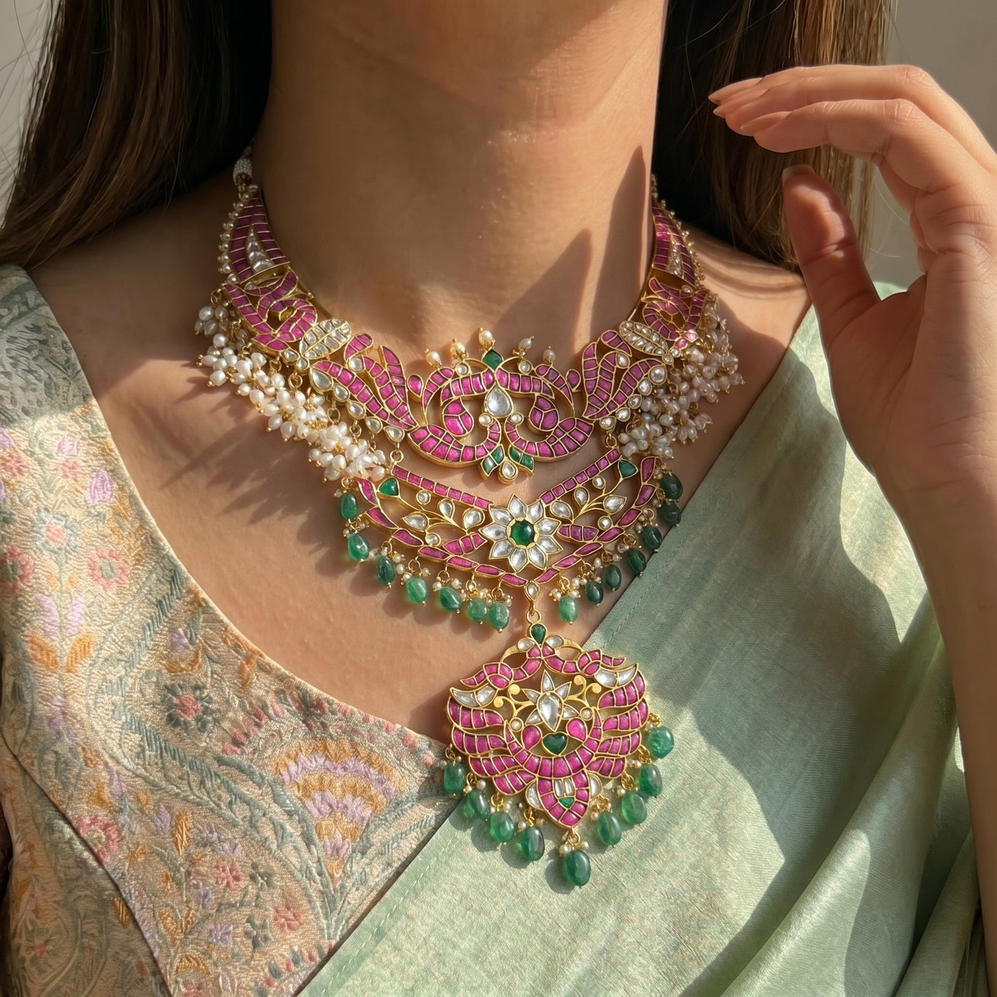 Bridal 2 layered Jadau Kundan hand made necklace with rice pearls and Russian strawberry beads