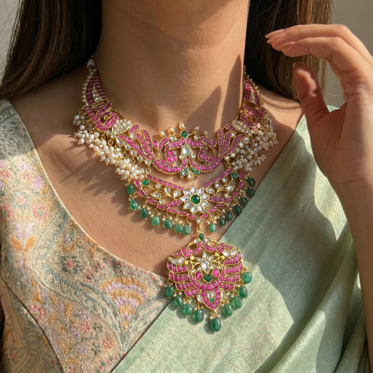 Bridal 2 layered Jadau Kundan hand made necklace with rice pearls and Russian strawberry beads