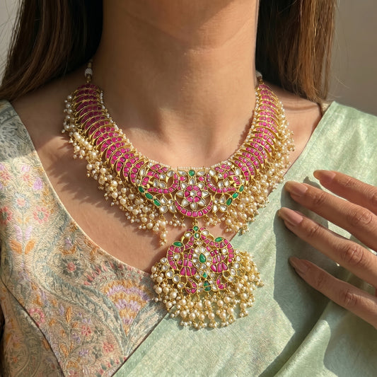 42076 / 42230 Jadau Kundan Peacock Necklace with double layer pearls making