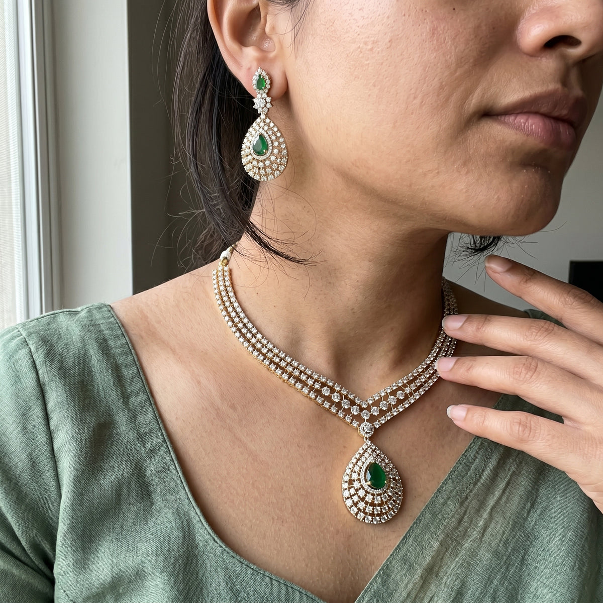 Elegant Real Diamond Look Fancy Green Stone Short Necklace Set With Push Back Earrings 42101