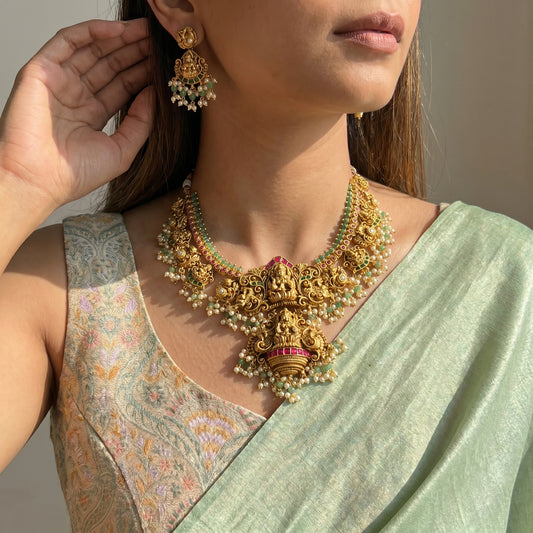 Nakshi Laxmi Short Necklace  Set With Push Back Earrings