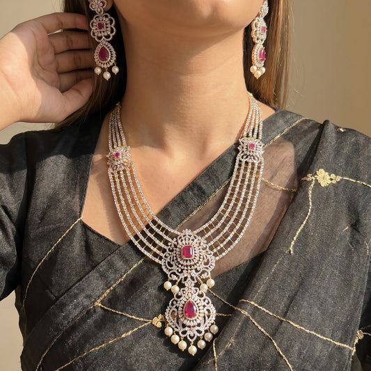 42232 GJ 5 Lines Red Necklace Set With Push Back Earrings