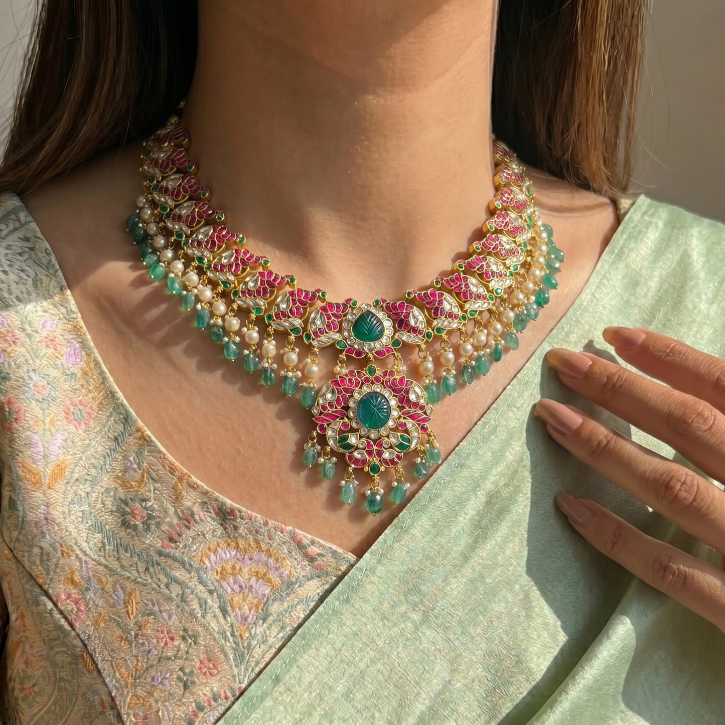 42318 Hand made jadau kundan peacock bridal necklace