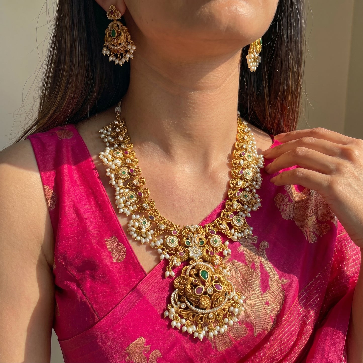 42371 Nakshi Peacock Guttapusalu Short Necklace Set With Screw Back Earrings