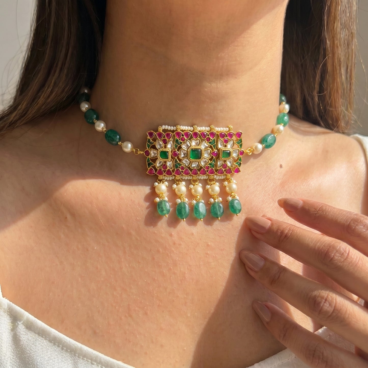42408 Jadau Square Green Stone Choker