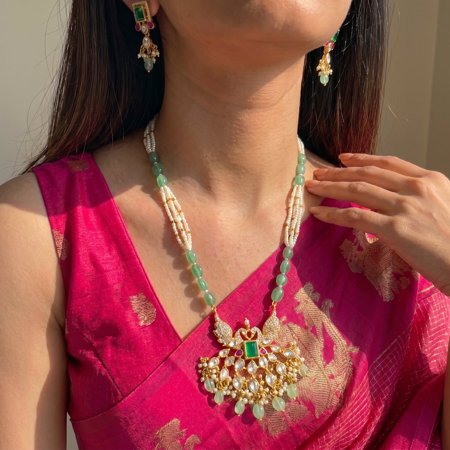 4241 Poth & Russian Beads Mala With Peacock Multi