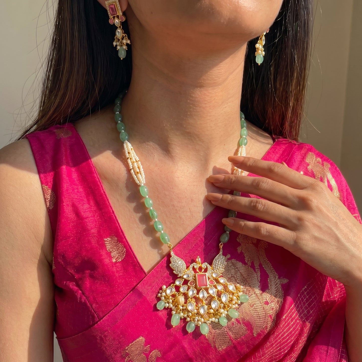 42412 Poth & Russian Beads Mala With Peacock Red