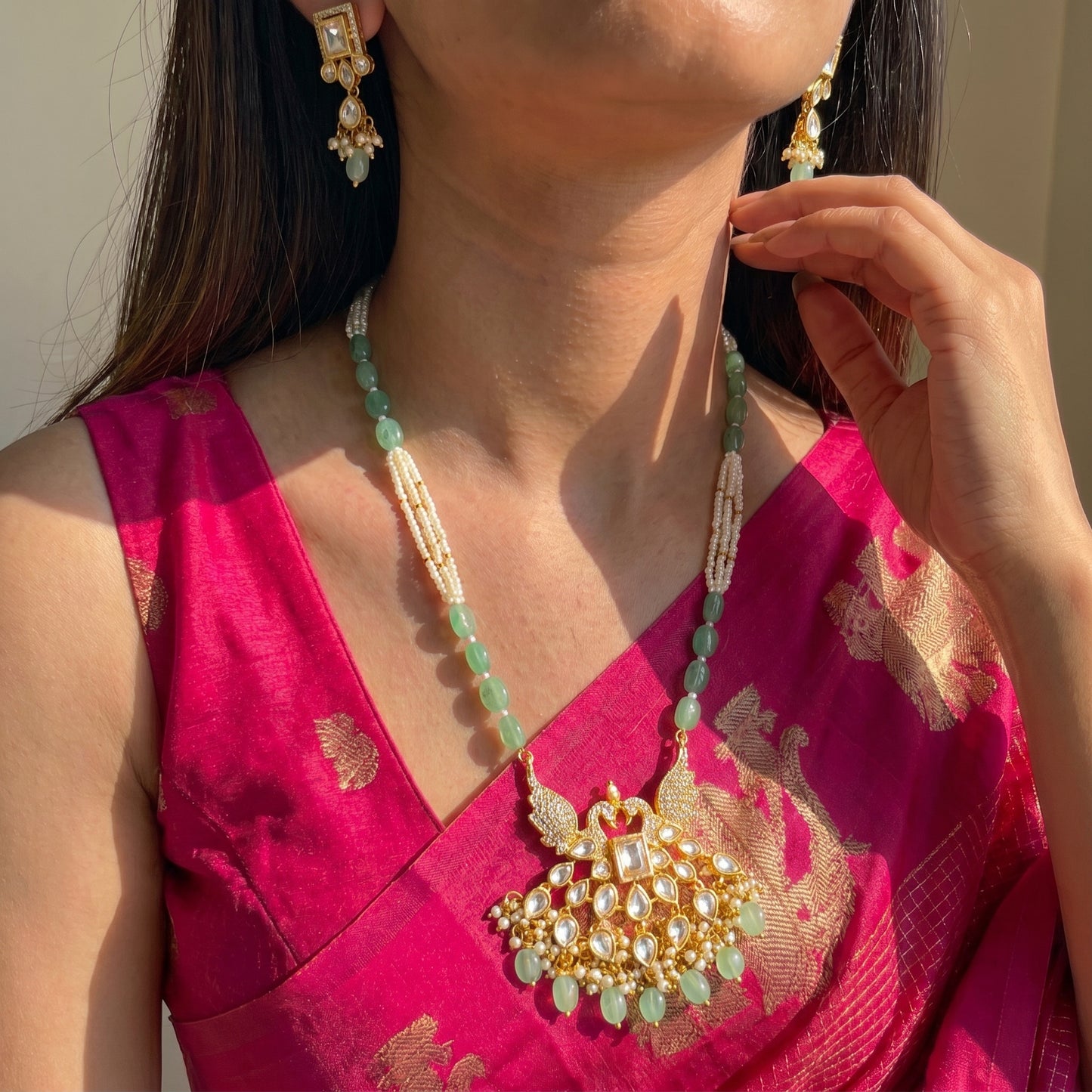 42413 Poth & Russian Beads Mala With Peacock White